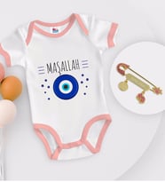 BK Kids Kişiye Özel Maşallah Tasarımlı Pembe Bebek Body Zıbın ve Kız Bebek İğnesi Hediye Seti-1
