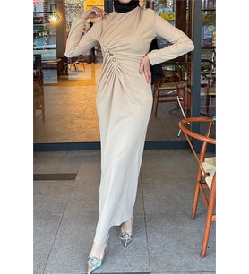 Neşeli butik kadın likralı düğme detaylı tesettür elbise NMS046