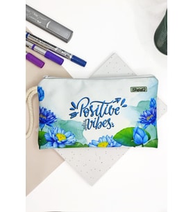 Lotus Positive Desenli Kalem Kutusu Yıkanabilir Bez Kalemlik (Mavi)