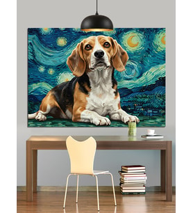 Yıldızlı Gökyüzünde Beagle Köpek Dekoratif Kanvas - Mdf Ahşap Tablo