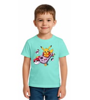Unisex Pikaçu Baskılı Çocuk Tişört pamuklu penye kumaş (Mint)