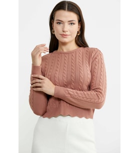 Saç Örgü Dilimli Crop Triko Kazak - Gül (Rose)
