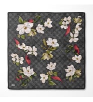 Çiçek Desenli Twill İpek Eşarp-0942 (Füme-Siyah)