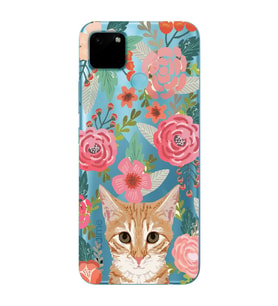 Realme C21Y/C25Y Uyumlu Kedi ve Çiçek Desenli Şeffaf Telefon Kılıfı