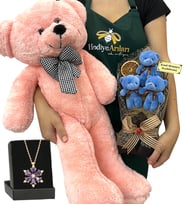 Kişiye Özel Hediye Seti - Ametist Taşlı Lotus Kolye, 3'lü Ayıcık Buketi ve Pembe Peluş Ayıcık (Model 2)