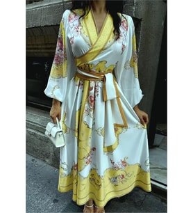 Neşeli butik kadın kuşaklı midi boy desenli elbise NBMS42149 (Sarı)