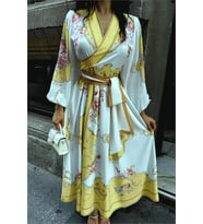 Neşeli butik kadın kuşaklı midi boy desenli elbise NBMS42149 (Sarı)