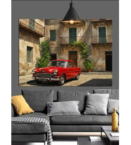 Kırmızı Klasik Araba Eski Sokak Dekoratif Kanvas - Mdf Ahşap Tablo
