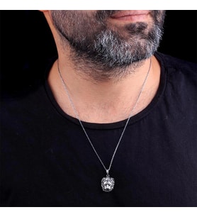 925 Ayar Gümüş Aslan Kafası Sembollü Erkek Kolye