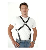 Göğüs Detaylı Arkadan Bağlamalı Erkek Deri Harness (Siyah)