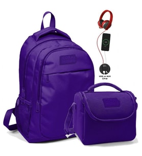 Coral High Okul ve Beslenme Çantası Seti - Kız Çocuk Mor - USB Soketli