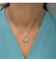 Opal Beyaz Taşlı Ay Ve Güneş Kolye-925 Ayar Gümüş