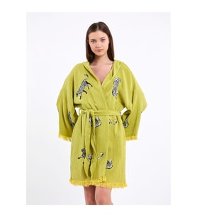 Müslin Kimono %100 Pamuklu Leopar Desenli Yağ Yeşili Pareo Bornoz Kaftan Sabahlık