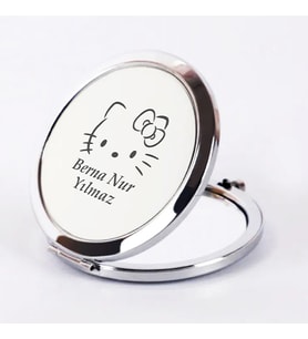 Kişiye Özel İsimli Hello Kitty Baskılı Daire Metal Ayna Çanta, Cep ve Makyaj Aynası (Gümüş)