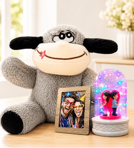 Kişiye Özel Fotoğraflı Renkli LED Işıklı Sırt Sırta Aşıklar Fanus ve Peluş Eşek Sevgiliye Kadına Hediye