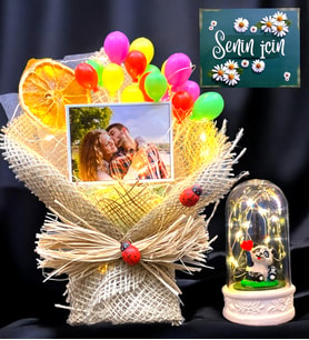 Kişiye Özel Işıklı ve Fotoğraflı Balonlu Buket & Işıklı Pandalı Fanus & Hediye Seti