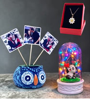 Renkli Işıklı Fanus, 3 Fotoğraflı Baykuş ve Tasarım Kolye Seti (Model 8)