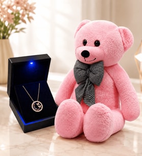 Işıklı Kutuda 925 Ayar Gümüş Renkli Taşlı Yuvarlak Kelebek Yuvası Kolye ve 80 cm Pembe Peluş Ayıcık Hediye