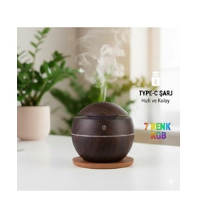 Oval 200ml Hava Nemlendirici - 7 Renk RGB Işıklı Difüzör - Type-C Girişli Aromaterapi (Regular) Açık kahve (Koyu Kahve)