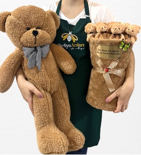 Kişiselleştirilebilir Premium Tasarım - Büyük Boy Peluş Ayıcık ve Büyük Boy Peluş Ayıcık Buketi (Model 1)