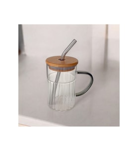 Bambu Kapaklı Cam Pipetli Kupa 420 ml