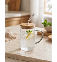 Bambu Kapaklı Cam Pipetli Kupa 420 Ml Gri
