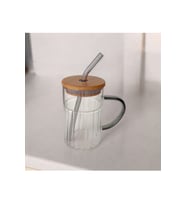 Bambu Kapaklı Cam Pipetli Kupa 420 ml