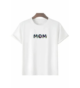 Anneler Günü Hediye Mom Çiçek Baskılı Oversize Bisiklet Yaka T-shirt - Beyaz