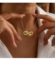 Kişiye Özel 925 Ayar Gümüş Yaprak Model Sonsuzluk Çift İsim Kolye (Gold)