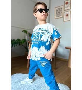 Erkek Çocuk New York City ve Yazı Baskılı T-Shirt Mavi Eşofman Takım