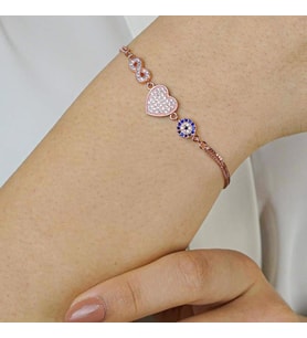 Sonsuzluk Kalp Nazar Tasarımlı Rose Renk 925 Ayar Gümüş Kadın Bileklik