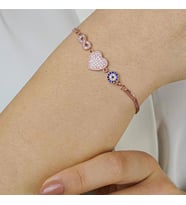 Sonsuzluk Kalp Nazar Tasarımlı Rose Renk 925 Ayar Gümüş Kadın Bileklik