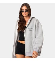 %100 Pamuk, Şardonlu, Melanj Gri, Penye Kalite HEADED Baskılı Oversize Fermuarlı Hoodie (Gri-Melanj)