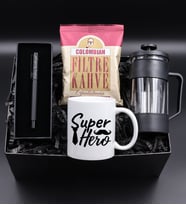 Kişiye Özel Siyah Mat Roller Kalem & Siyah French Press & Super Hero Kupa & Colombian Taze Filtre Kahve Hediye Seti