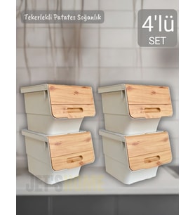 4’lü Bambu Renk Tekerlekli Patateslik Soğanlık Oyuncak Kutusu Patates Soğan Sepeti Motek 48 Lt