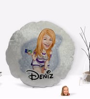BK Gift Kişiye Özel İsimli Kadın Karikatürlü Yuvarlak Dekoratif Kırlent Yastık-36