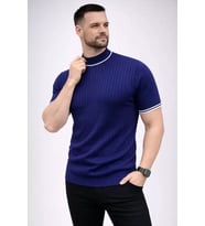 Erkek Fitilli Triko Dokuma Kısa Kol Tişört Yarım Boğaz Modern Yazlık T-Shirt - Lacivert