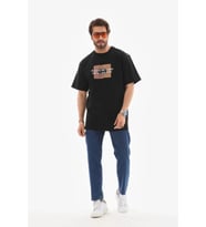Unisex Bisiklet Yaka Baskılı Oversize T-Shirt - Siyah