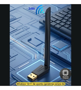 WiFi Adaptör 150 Mbps Antenli 802.11n Versatile USB Kablosuz Alıcı Windows 10/11 Uyumlu (Siyah)