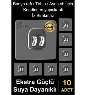 10 Ad. Ekstra Güçlü Kendinden Yapışkanlı İz Bırakmaz Suya Dayanıklı Banyo Rafı Tablo Ayna Askı Kanca