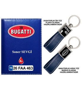 Plakanıza Özel Bugatti Logolu Lacivert Ruhsat Kabı ve Anahtarlık