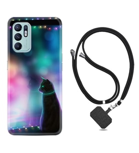 Oppo Reno 6 Kılıf Silikon Boyun Askılı İpli Desenli Silikon Window Cat 1787