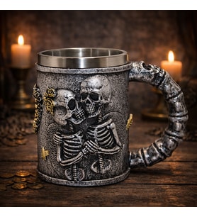Gotik Kurukafa Aşık İskelet Figürlü 3D Kabartmalı Fantasy Kupa Bardak Metal İç Hazneli Dekoratif