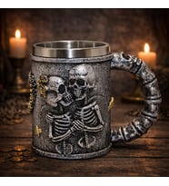 Gotik Kurukafa Aşık İskelet Figürlü 3D Kabartmalı Fantasy Kupa Bardak Metal İç Hazneli Dekoratif