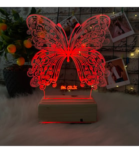 Kişiye Özel Doğum Günü Hediyesi /Sevgiliye Hediye Kelebek Tasarımlı 3D Led Masa Lambası (Kırmızı)