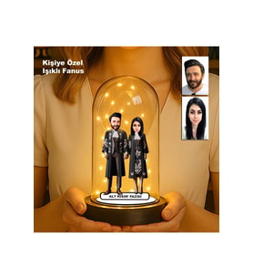 Kişiye Özel Çift Karikatür Fanus  Sevgili ve Evlilere Özel Işıklı Biblo