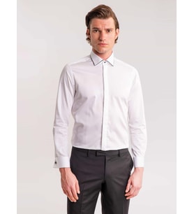 Beyaz Erkek Slim Fit Düz Brent Yaka Uzun Kol Gömlek - 60895