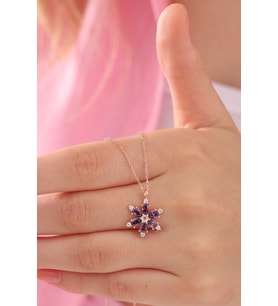 925 Ayar Gümüş Zincirli Rose Kaplama Ametist Damla Taşlı Kamelya Lotus Çiçeği Kolye