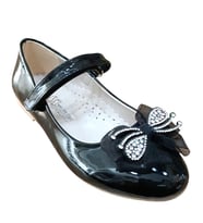 Mini Women 0225 Kız Çocuk Taşlı Fiyonklu Babet (Siyah Rugan)