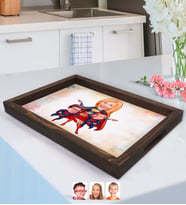 BK Gift Kişiye Özel Süper Anne ve Süper Çocuklar Karikatürlü Doğal Ahşap Tepsi-1